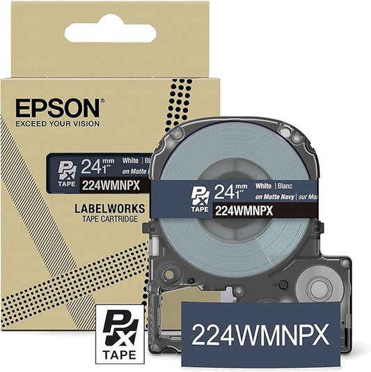 Epson LABELWORKS 224WMNPX Genuine PET (Polyester) Tape Cartridge - White on Matte Navy Designer Craft Label Maker Tape - 1" (24MM) Wide, 26'