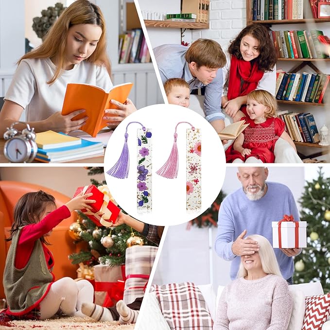 Bookmarks for Women, Kaluofan 2PCS Book Marks for Reading Women, Durable Handmade Dried Flower Resin Bookmarks with Tassels, Pretty and Increase Reading Interest