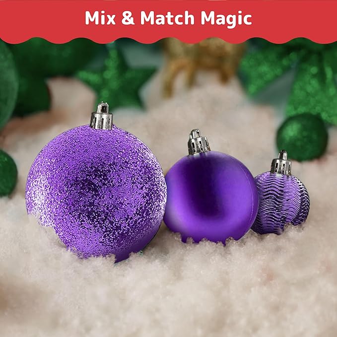 Prextex 36-Pieces Purple Christmas Ornaments Set - Shatterproof, Festive Christmas Ball Ornaments in 3 Sizes and 6 Styles with Hanging Loops for Tree, Wreath, and Dazzling Holiday Party Decorations