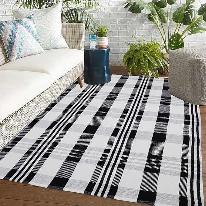 Fall Décor Plaid Rug, 4' x 6' Black&White Check Indoor/Outdoor Area Rug, Layering Rug for Hello/Welcome Door Mat, Machine Washable Cotton Woven Rugs for Farmhouse Front Porch, Entryway
