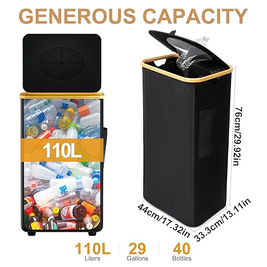 MinBoo Recycling Bin for Kitchen 29Gallon, 110L Recycle Bin with 2 Removeable and Reusable Inner Bag, Large Recycling bin with lid for Bottle Can Plastics Stickers (Black)