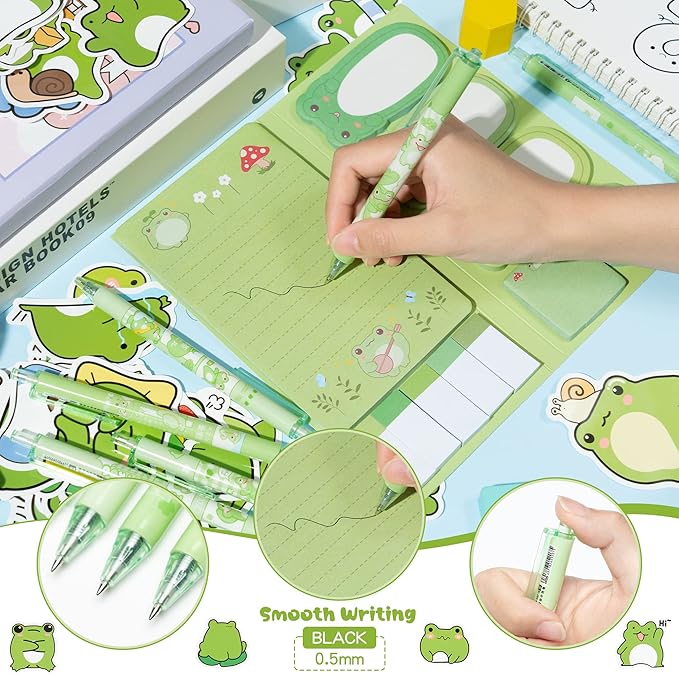 Xqumoi 57Pcs Frog Sticky Notes with Pen Stickers Stationery Set 0.5mm Black Gel Ballpoint Pens Frog Self-Stick Notes Pads Cartoon Frog Vinyl Stickers Back to School Office Supplies Party Favor Gift