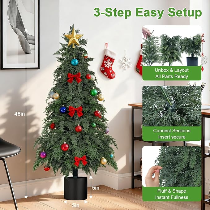 2Pack Artificial Topiary Trees, 4FT Faux Cypress, Faux Evergreen Pine Shrubs Plants with Pot, Potted Plants for Front Porch Indoor Outdoor Garden Christmas Decor