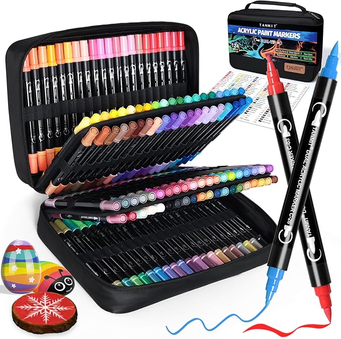 124 Colors Acrylic Paint Pens, Dual Tip Acrylic Paint Markers with Brush Tip and Fine Tip, Acrylic Pens for Rock Painting, Wood, Canvas, Stone, Glass, Ceramic,DIY Crafts Making Art Supplies