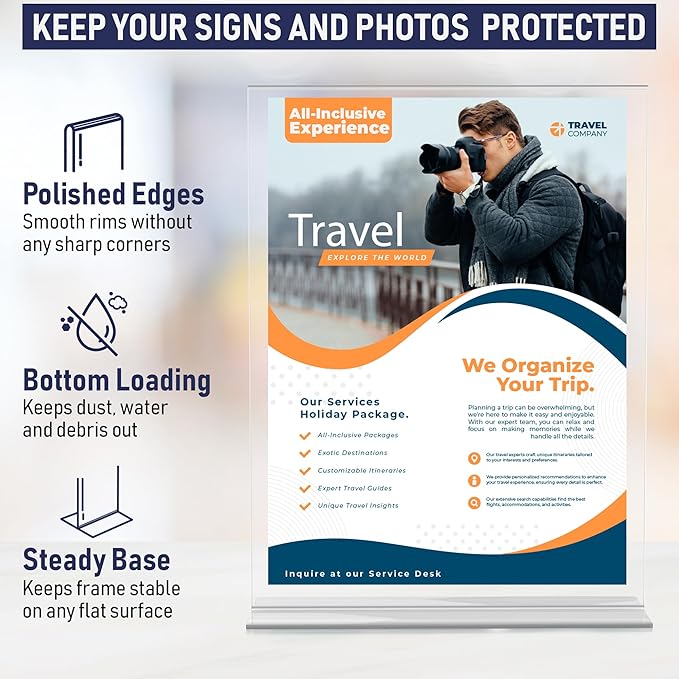 Dasher Products Double-Sided Picture Frame 5x7, 6-Pack Acrylic Clear Frames for Photos, Table Menu Stand, Portrait Ad Display, Bottom-Load Display, and Table Numbers for Weddings or Events