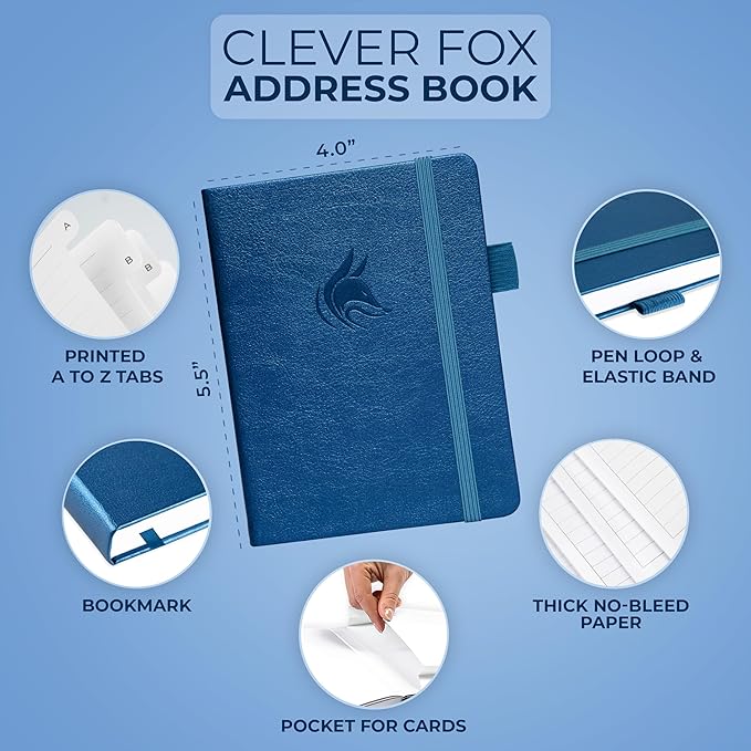 Clever Fox Address Book with alphabetic tabs - PU Leather Telephone and Address Book for Keeping Contacts Safe, Contact Organizer Journal, Small Size (4.0″ x 5.5″), Hardcover, Mystic Blue