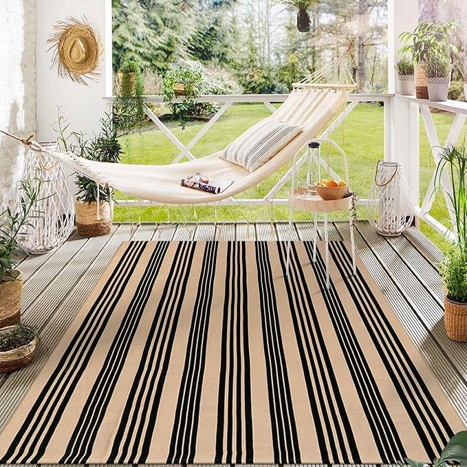 KIMODE Indoor Outdoor Rug 5'x7', Black and Khaki Striped Outdoor Rug,Reversible Washable Large Patio Rugs, Cotton Hand Woven Farmhouse Indoor Area Rug Floor Carpet for Backyard Living Room