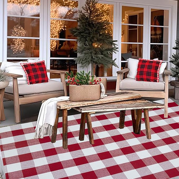Buffalo Plaid Outdoor Rug, 4' x 6' Red&White Christmas Check Indoor/Outdoor Area Rug, Layering Rug for Hello/Welcome Door Mat, Machine Washable Cotton Woven Rug for Farmhouse Front Porch, Entryway