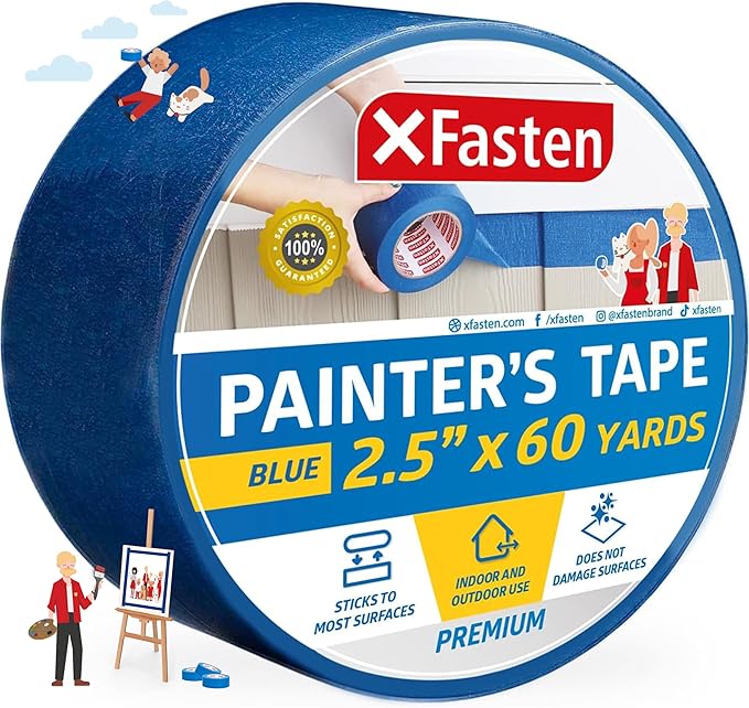 XFasten Professional Blue Painters Tape 2.5-Inches x 60-Yards (Single Pack) Blue Painters Masking Tape Bulk - Sharp Edge Line Technology, Produces Sharp Lines | Residue-Free Wall Trim Tape