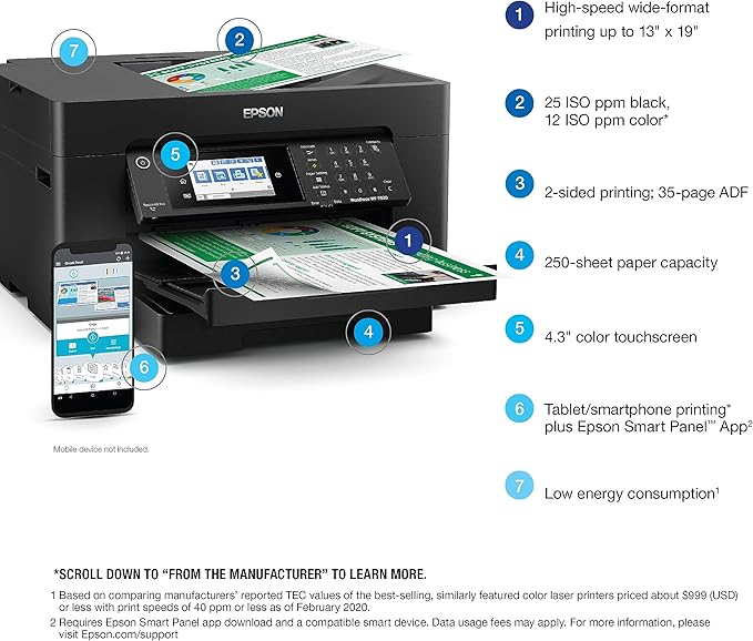Epson Workforce Pro WF-7820 Wireless All-in-One Wide-Format Printer with Auto 2-Sided Print up to 13" x 19", Copy, Scan and Fax, 50-Page ADF, 250-sheet Paper Capacity, and 4.3" Touchscreen (Renewed)