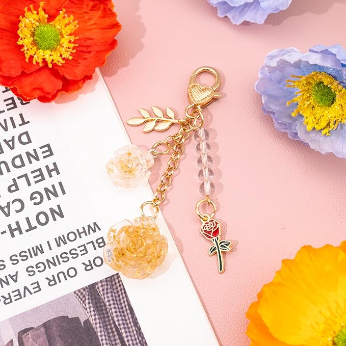 Rose Purse Charms Cute Flower Keychain With Heart Sticker Charm Chain For Kindle Colorful Bag Charms For Handbags