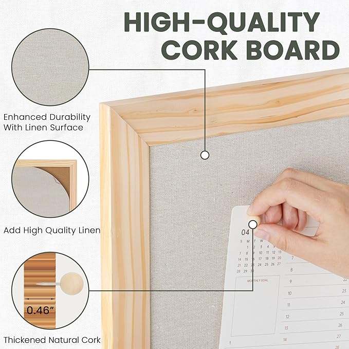 Bulletin Board Cork Board with Linen, 100% Wood Framed 24" x 36" Bulletin Board Decorations, Pin Boards for Walls, Wall Mounted Fabric Picture Board with 10 Pushpins for School, Home & Office, Natural