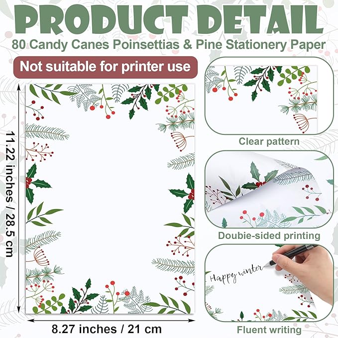 80 Sets Christmas Stationery Paper with Envelopes Christmas Holiday Paper Christmas Envelopes for Christmas Holiday Events Notes Invitation Office(Merry Branch and Holly)