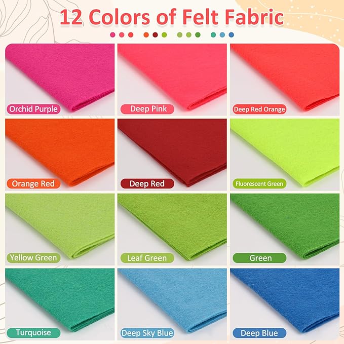XSEINO 12 Rolls 8"x35"(20.5x90cm) 1.4mm Thick Soft Felt Fabric Sheet 12 Assorted Neon Series Colors Felt Pack for DIY Craft Sewing Squares Nonwoven Patchwork
