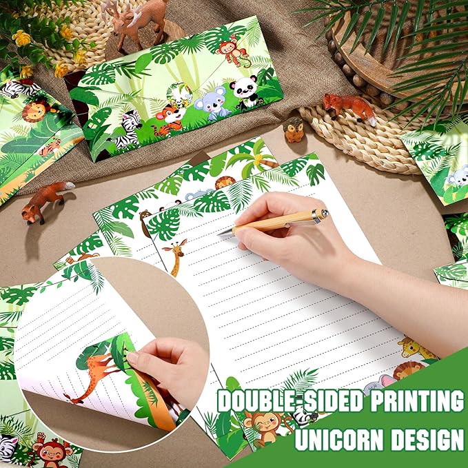 TaoBary 160 Packs Stationery Paper Set (50 Double Sided Stationery Writing Papers 50 Matching Envelopes) 60 Round Dot Sticker, 10 Design(Safari Animal,8.5 x 11 Inch)