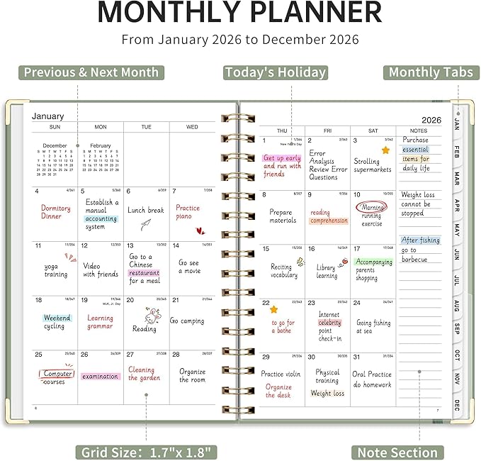 2026 Planner, Weekly and Monthly, A5 Size (5.7" x 8.3"), Jan 2026 - Dec 2026, Calendar, To-do List, Agenda, 12-Month Tabs, Hardcover, 100 GSM Thick Paper, Spiral-bound (Light Green)