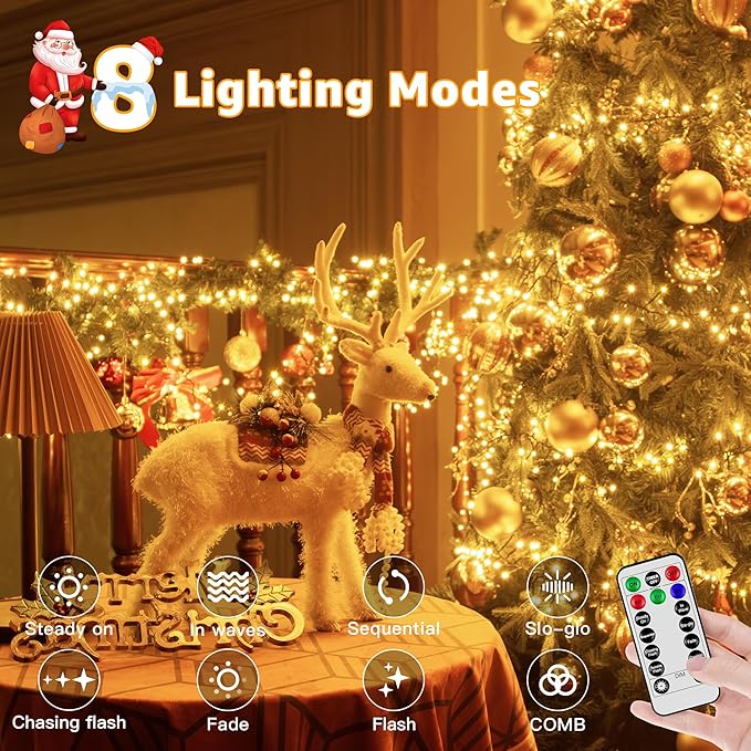 1200 LED 59 FT Cluster Lights, Warm White Christmas Tree Lights 8 Modes Timer Remote, Waterproof String Lights for Indoor Outside Garland Xmas Decorations