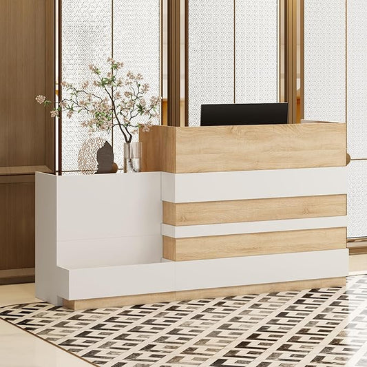 ECACAD Oak & White Reception Desk with Keyboard Tray, Retail Counter with Cabinet, Checkout Counter Table for Office Clinic Retail Lobby Salon