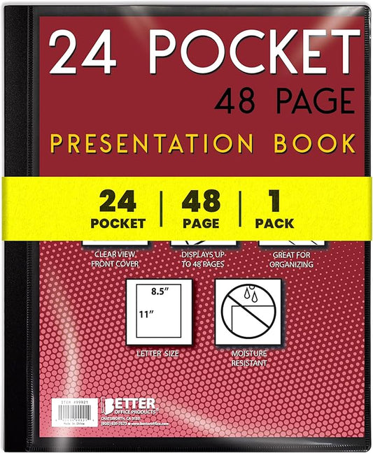 Better Office Products 24 Pocket Bound Presentation Book, Black with Clear View Front Cover, 48 Sheet Protector Pages, 8.5" x 11" Sheets, Art Portfolio, Durable Poly Covers, Letter Size, Black