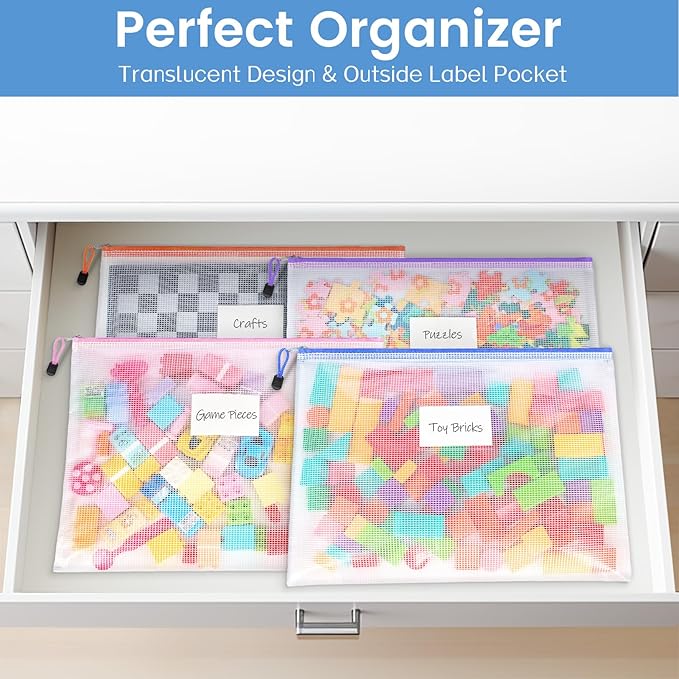 Sooez 24 Pack Super Large Mesh Zipper Pouch Bags, A3 (16.5×11.7 in) Storage Bags with Label Pocket, Reusable Zipper Pouches for Classroom Organization