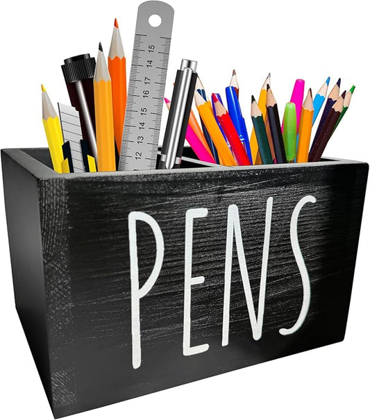 Wood Pencil Holder for Classroom - 6’’ Wooden Black Pen Holder for Desk, 2 Compartment Pen Storage and Color Pencil Organizer for Desk, Cute Stationery Supplies for Classroom, Black