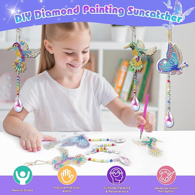 5Pcs Diamond art Kits for Kids/Adults, Crafts for Kids Ages 8-12, DIY Diamond Painting art Wind Chimes Crystal Window Suncatcher Craft, Birthday Gifts for 7 8 9 10 11 Year Old Girls, Home Garden Decor