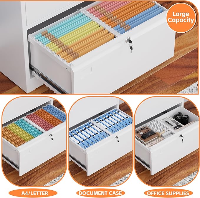 METAN Upgrade Metal 2 Drawer Lateral Files Cabinet for Home Office, Lockable Steel Wide File Storage Cabinet for Hanging Legal/Letter A4 Size, Assembly Required,White