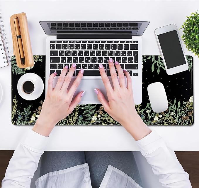 Green Tropical Leaves Desk Mat Black Mouse Pad Cute Anime Moon Deskmat, Women Office Decor Computer Laptop Keyboard Mouse Mat, XL Large Gaming Mousepad Desk Pad with Stitched Edge 31.5''x11.8''