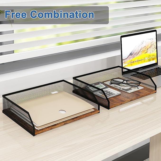 Natwind 2-Tier Stackable Paper Tray, Metal Mesh Desktop Organizer, Paper Sorter, Letter Trays,File Document Storage Rack for for Home, Office, School (Retro)