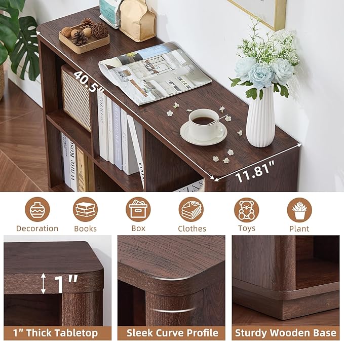6 Cube Storage Bookcase, 40" Wide Low Horizontal Book Shelf with Curved Edge, Wood Floor Standing 2-Tier Bookshelf with Base, Farmhouse Short Book Case for Bedroom, Living Room, Office, Walnut