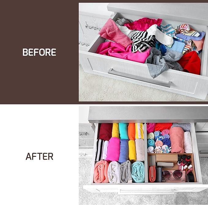 4 Pack Drawer Dividers Bamboo 2.6" High, 16-22" Adjustable Drawer Organizers for Clothes, Expandable Dresser Separators in Bedroom/Bathroom/Kitchen/Office Organization and Storage (Grey)