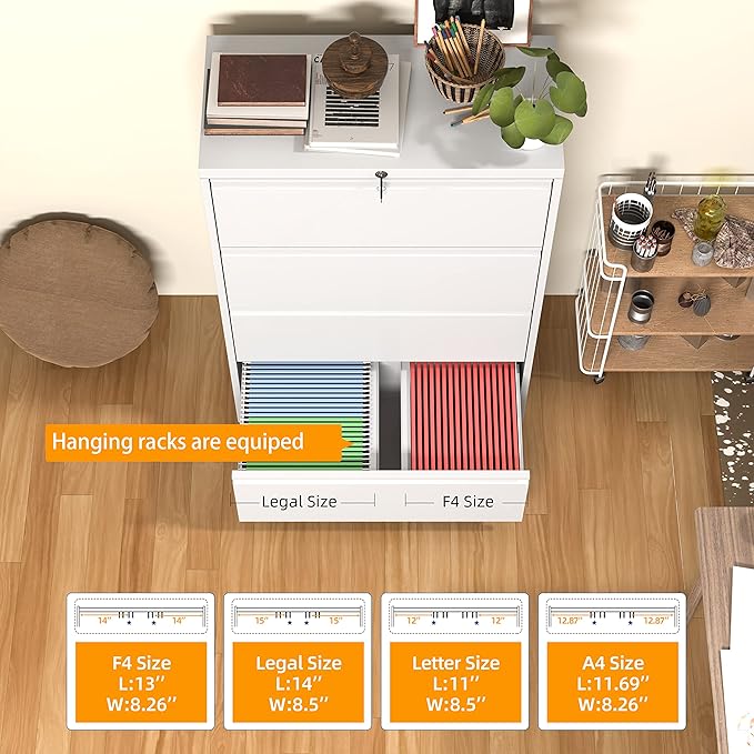 INTERGREAT 4 Drawer Lateral File Cabinet,White Lateral Filing Cabinet with Lock, Metal Steel Horizontal File Cabinets for Home Office, Easy Assembled