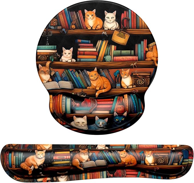 Dapesuom Keyboard Wrist Rest and Mouse Pad with Wrist Support, Cute Memory Foam Cushion for Keyboard and Mouse Set, Ergonomic Pad Rests with Non Slip Base for Easy Typing & Pain Relief, Library Cats
