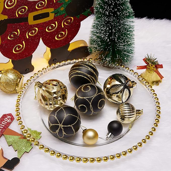 100Pcs Elegant Christmas Balls Set Christmas Tree Ornaments with Glitter and Patterns Bulk Ornaments for Tree as Festive Christmas Decor Xmas Ball Set Black Gold