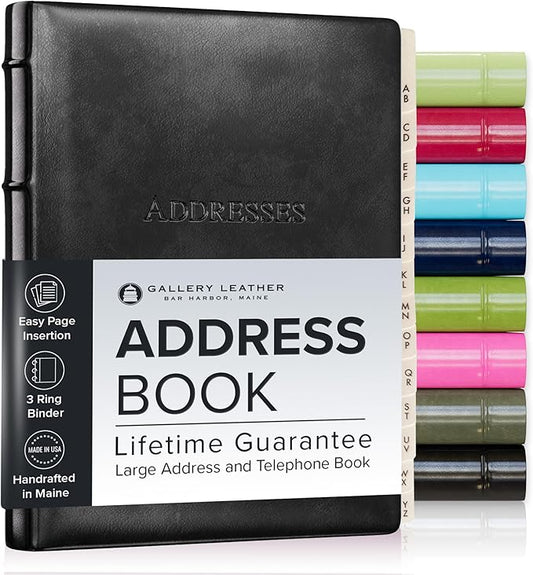 Gallery Leather Large Address Book with Alphabetical Tabs up to 480 Records, Leather Notebook Hardcover, Telephone and Address Books - 9x7, Desk Address, Acadia Black