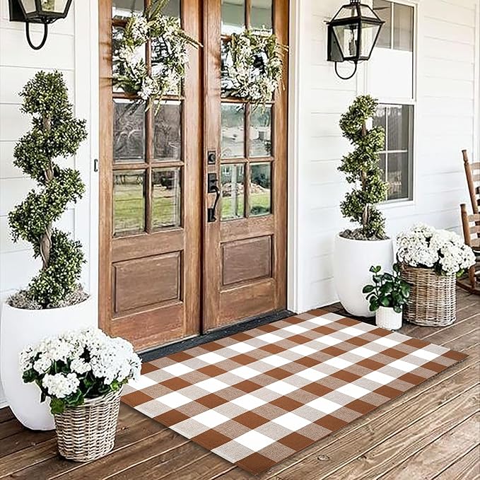 Buffalo Plaid Outdoor Rugs, 4'x6' Coffe and White Checkered Area Rug, Layering Rug for Hello/Welcome Door Mat, Washable Cotton Woven Farmhouse Mat for Front Porch Décor