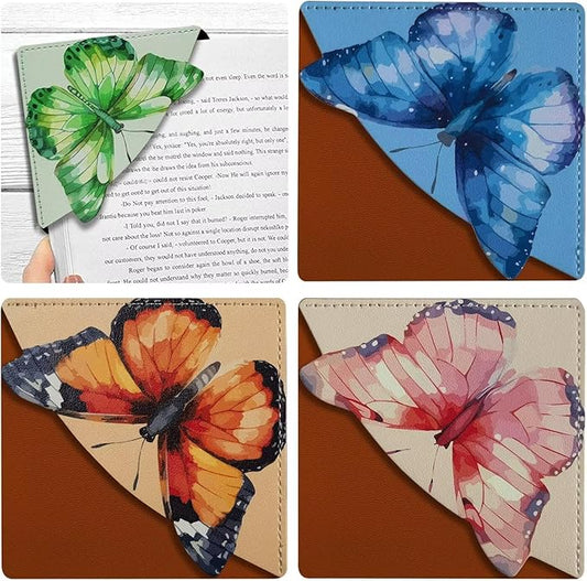 Leather Butterfly Corner Bookmarks, Cute Square Page Book Marks for Women Girls Kids 4 Pcs Book Accessories for Book Lovers（Butterfly）