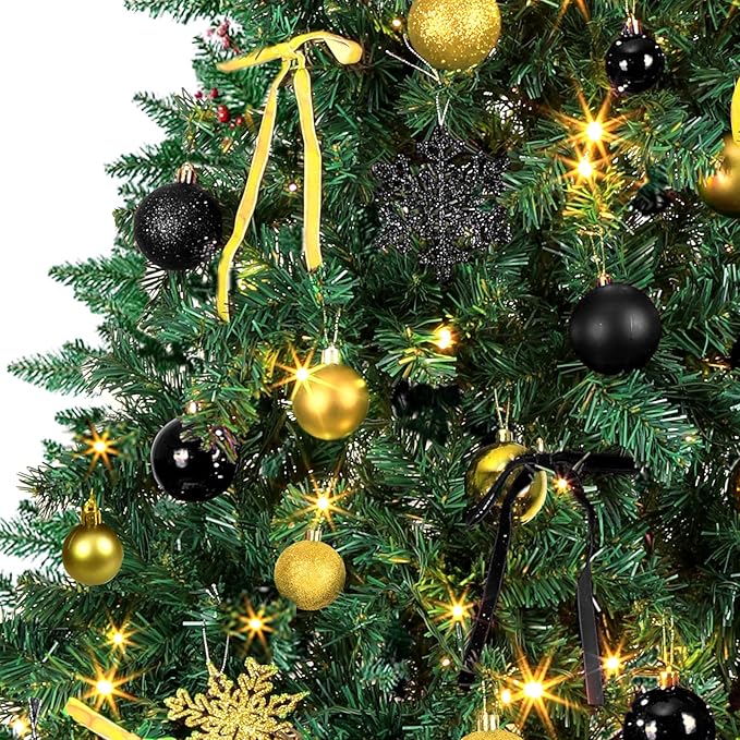 86Pcs Led Light Black and Gold Christmas Tree Decorations Set 100 Led Light Christmas Star Trees Topper with String Lights Xmas Balls Snowflakes Ornaments Bows Xmas Trees Decor 20m Light String