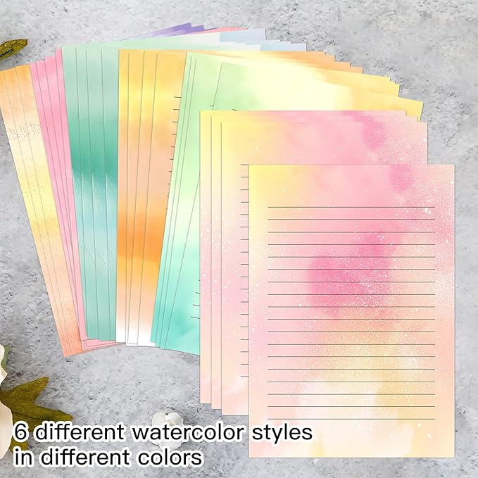 Watercolor Stationary Letter and Envelopes, 24 Lined Writing Paper with 12 Matching Envelopes, Double-Sided Printing, Multicolor, 8.3 x 5.5 Inches, 36 Pieces