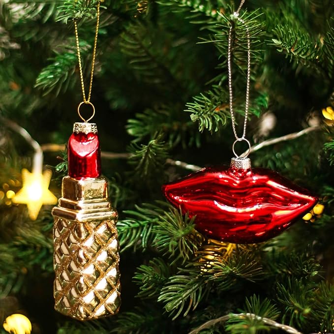 Set of 2 Funny Lipstick & Lips Blown Glass Ornaments - Glitter Gold & Red for Women