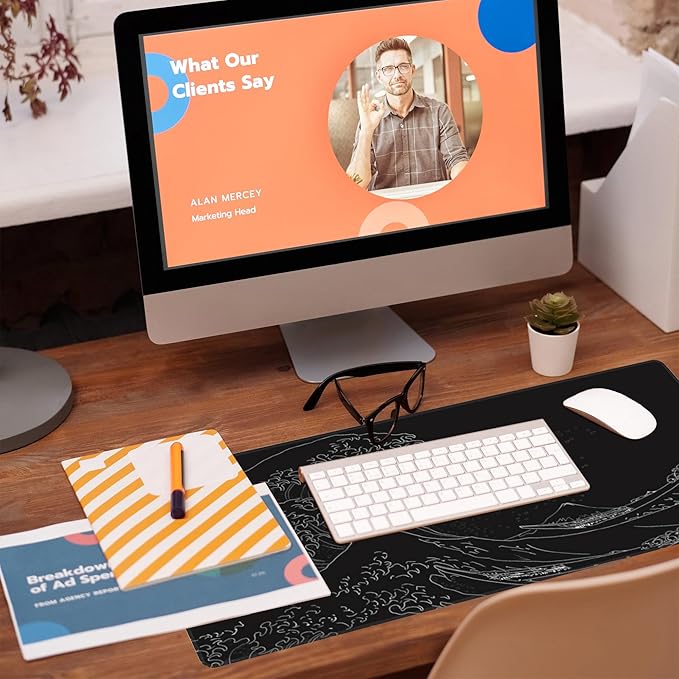 Desk Mat,Black Japanese Sea Wave Desk Pad,Japanese Sea Wave Large Gaming Mouse Pad for Desk,Extended Big Computer Keyboard Mouse Pad with Non-Slip Base and Stitched Edge,31.5"x11.8"