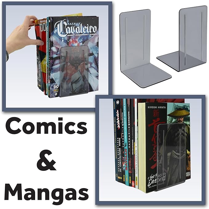 Acrimet Bookends 1 Pair, Clear Plastic Bookends for Shelves or Desktop, Book Holder for Home, Office, Library, School (Clear Smoke Color)