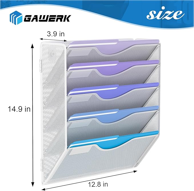 5 Tier Hanging Wall File Organizer, Mesh Mail Paper Orgnization Hanging File Folder Holder for Home Office, White