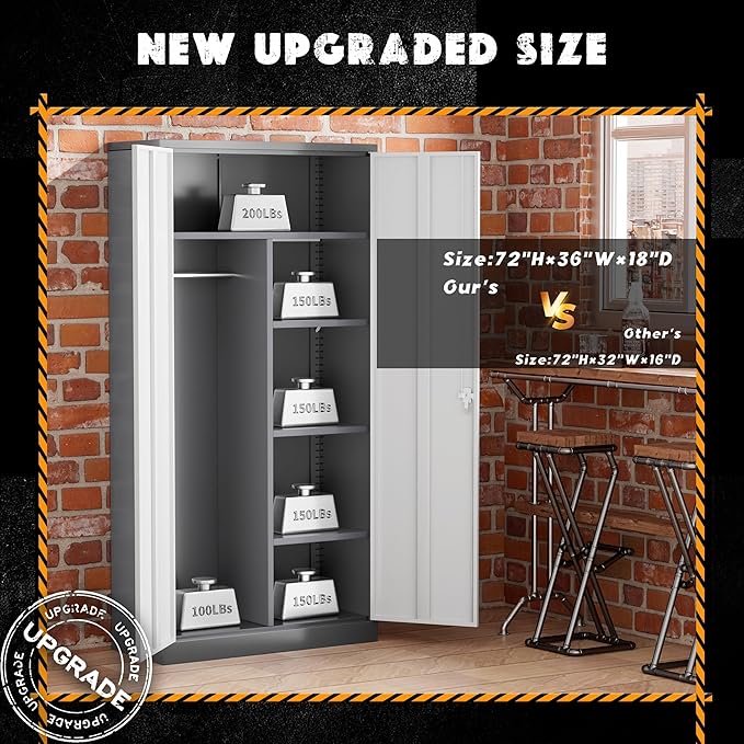 Greenvelly Metal Storage Cabinet with 2 Doors, 72” Steel Storage Wardrobe Cabinet, Employees Locker Closet Clothing Coat Steel Wardrobe Cabinet with Hanging Rod for Garage, Home Office (Grey White)