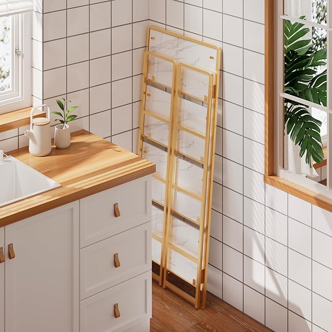 4NM No Assembly Folding Bookshelf, 4-Shelf 54" H Collapsible Foldable Bookcase Storage for Small Spaces, White and Golden