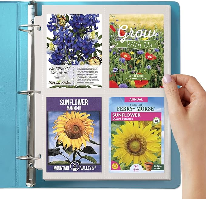 Seed Storage Organizer (50 Sheets, 3.5 x 5 Pockets) - Garden Seed Packet Organizer with 4 Pocket Sheet Protectors for 3 Ring Binders