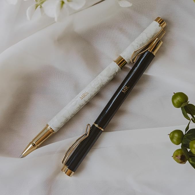 Sweet Water Decor Mr and Mrs Wedding Pen Set, 2 Piece Ballpoint Pens with Gold Accents, Black and Grey Delft Design, Medium Black Ink, Perfect for Guest Book, Engagement, Bridal Shower, Newlywed Gift