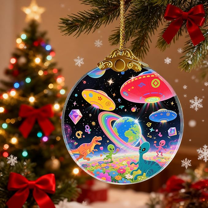 UFO Alien Glass Ornaments, UFO, Dinosaur & Alien Christmas Ornament for Christmas Tree Decor, Holiday Presents, Exchange Ideal Gift for Space & Fantasy Lovers