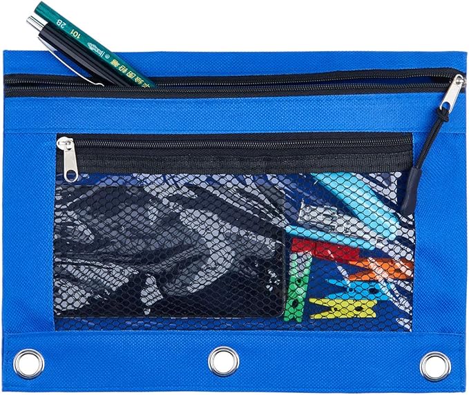 3 Ring Binder Pencil Pouchs, Zippered Pencil P9ouch Double Pocket Pencil Pouch 3 Ring with Clear Window (Blue&Green 2pack)