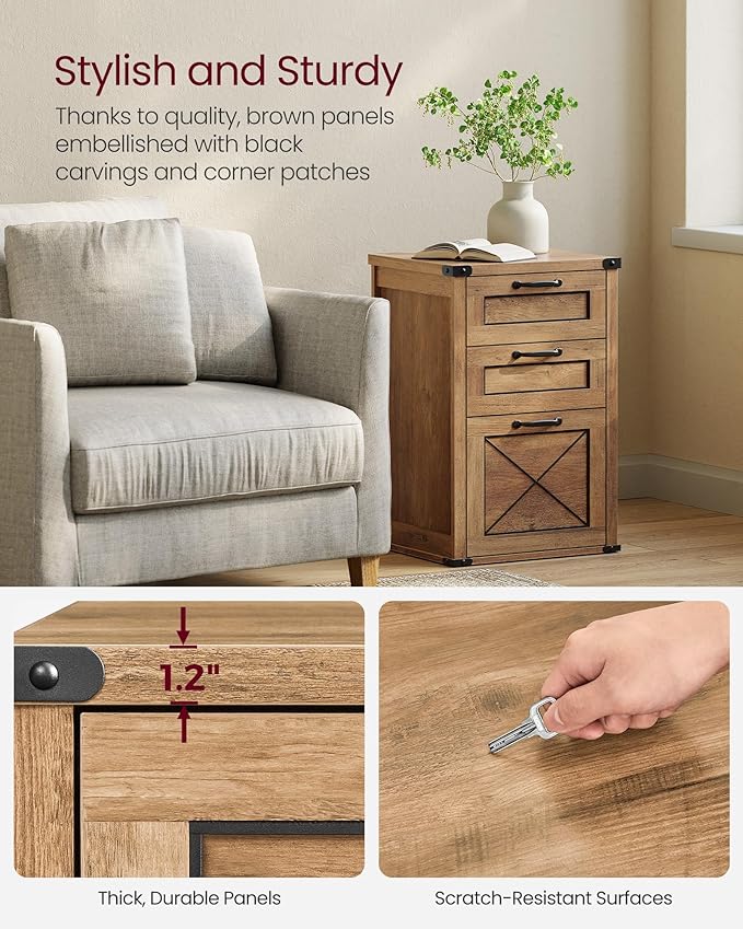 VASAGLE File Cabinet, Filing Cabinet with 3 Drawers, Printer Stand, Fit A4, Letter Size, Hanging File Folders, Modern Farmhouse Style, for Home Office, Honey Brown UOFC054T41